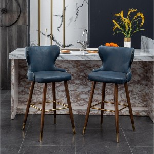 Roundhill Furniture Nevis Mid-century Modern Faux Leather Tufted Nailhead Trim Barstool, Blue, Set of 2 - 1 of 4