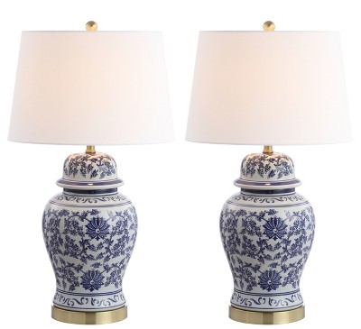 Elegant Arwen Blue and White Ceramic Table Lamp Set with Brass Accents