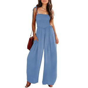 Women's Smocked Sleeveless Jumpsuits Summer Casual Spaghetti Strap Square Neck Wide Leg Rompers with Pockets - 1 of 3