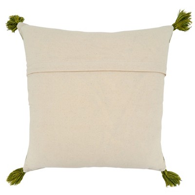 Green Cotton Embroidered Floral Throw Pillow Cover with Tassels