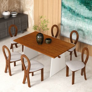 Modern Dining Table Set for 6,Solid Rubber Dining Table,Upholstered Chairs with Teardrop-Shaped Back for Living Room Dining Room - 1 of 4