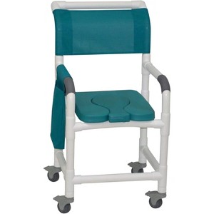 MJM International Corporation Shower chair 18 in width 3 in total locking casters BLUE dual usage front seat designer mesh backrest sling 300 lbs wt - 1 of 1