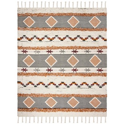 Ivory and Black-Orange Hand-Knotted Wool Geometric 8' x 10' Rug