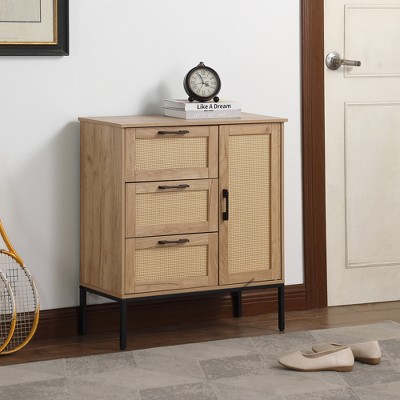Vynxaria Mid-Century Storage Cabinet - 3 Drawers, Rattan Doors, Adjustable Shelves, Easy Install for Living & Dining Rooms
