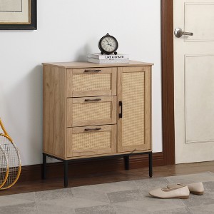 Vynxaria Mid-Century Storage Cabinet - 3 Drawers, Rattan Doors, Adjustable Shelves, Easy Install for Living & Dining Rooms - 1 of 4