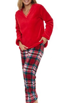 ADR Women's Soft Warm Fleece Pajamas Lounge Set, Long V Neck Top and Pants, PJ