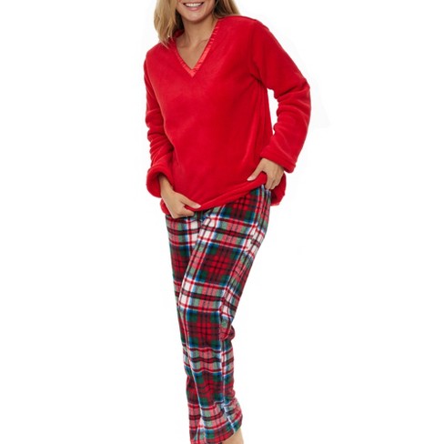 ADR Women's Plush Fleece Pajamas Set, V Neck Winter PJ Set Red Christmas  Plaid Large