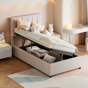 Whisen Twin Size Platform Bed with Vertical Stripe Headboard, Modern Elegance, Spacious Under-Bed Storage, Sturdy Build - Beige - 1 of 4