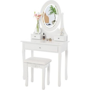 Vanity Desk with Mirror & Lights, Wood Makeup Dressing Table with Oval Mirror & Stool,Modern Bedroom Dressing Table with 5 Large Drawers for Women - 1 of 4