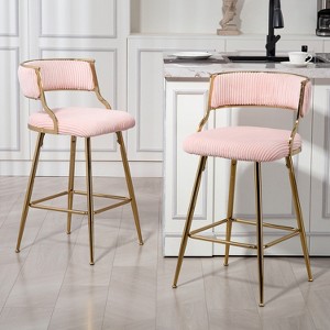 Set of 2 Modern 26" Counter-Height Bar Stools - Corduroy Upholstered Kitchen Island Stools with Backrest, Golden Chrome Base & Footrest - 1 of 4