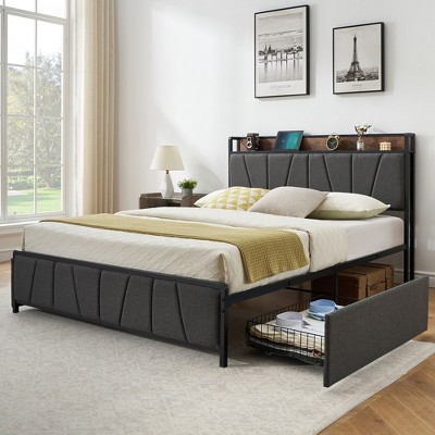 WhizMax Queen Size Bed Frame with Storage Headboard and 2 Drawers, Linen Upholstered Platform Bed Frame with Charging Station, Heavy Duty, Grey&Brown