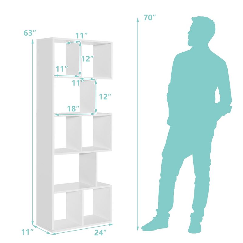 Costway 63'' Wooden 5-Tier Geometric Bookshelf S-shaped Display Shelf Stand Room Divider White, 3 of 11