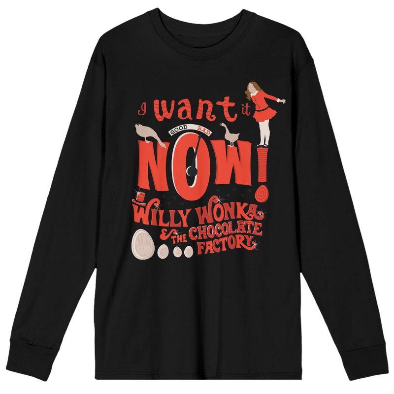 Willy Wonka & The Chocolate Factory I Want It Now Men's Black Long Sleeve Shirt, 1 of 2