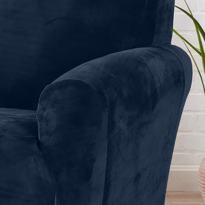 Dark Denim Blue Velvet Plush Stretch Recliner Slipcover