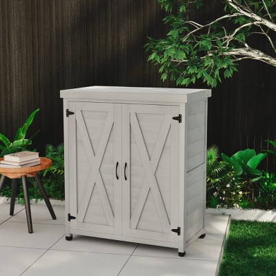 Coolbibila Potting Bench with Storage Cabinet and Metal Table Top, Storage Sheds with all Weather-resistant, storage sheds outdoor Gray