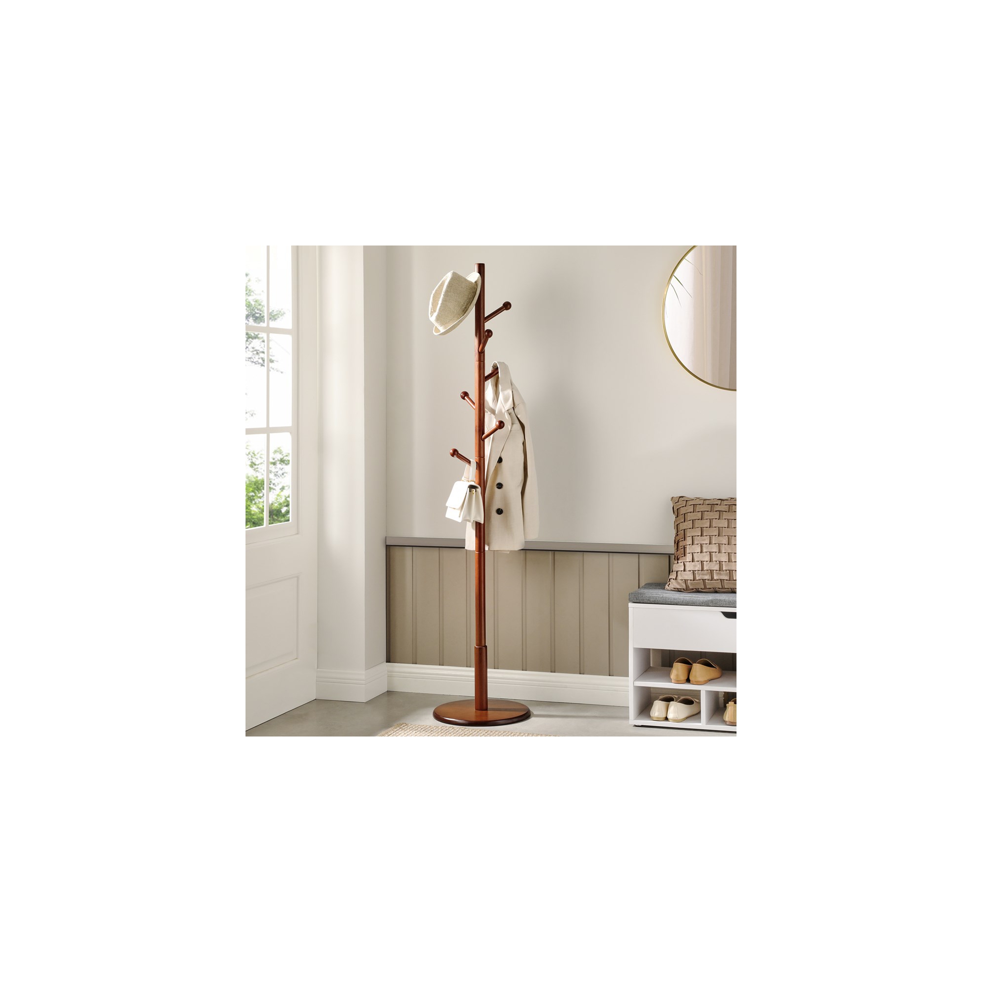 VASAGLE Solid Wood Coat Rack, Wood Hall Tree with 7 Rounded Hooks Dark Walnut