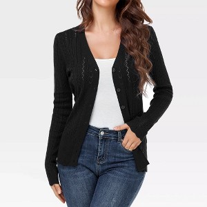 Womens Knit Cardigan V Neck Front Button Lightweight Sweater Cable Knit Hollow Out Cardigan Slim Fit Knitwear Crochet Sweater - 1 of 4