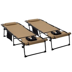 2-piece folding deck chair with 5-level reclining backrest, outdoor sun lounger with side pockets and headrest, beige - 1 of 4