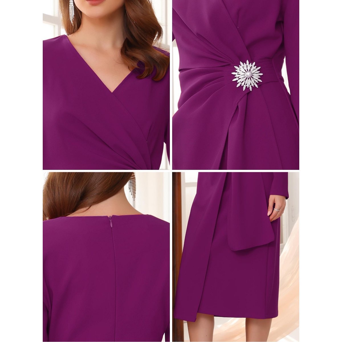 Женские платья INSPIRE CHIC Women's Cocktail Wrap Ruched V Neck Long Sleeve Elegant Formal Sheath Dresses Small Purple — фото 5