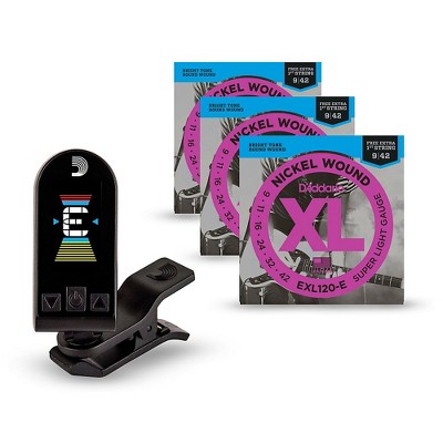 D'Addario EXL120-E Bonus 3-Pack: Super Light Nickel Wound Electric Guitar Strings with Bonus High E String and Equinox Tuner