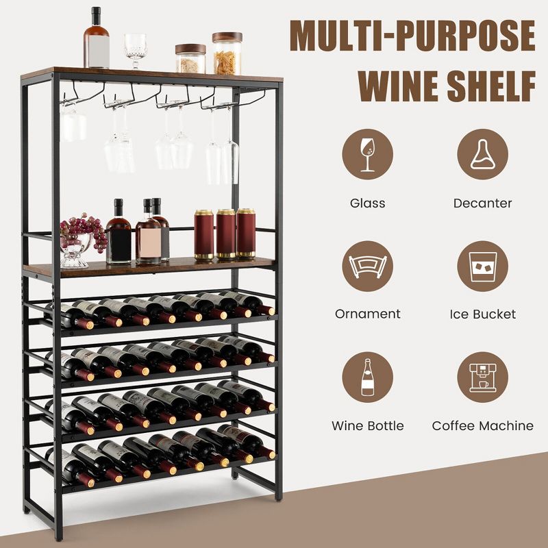 Tangkula 32 Bottles Wine Rack Rustic Wine Storage Holder Freestanding W/ Glass Holder, 5 of 11