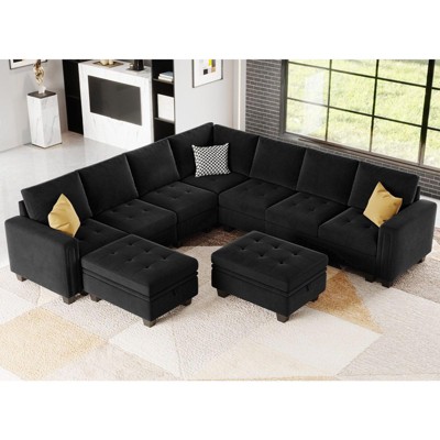 Belffin Modular Velvet Tufted U Shaped Sofa Couch with Storage Ottoman 9-Seater