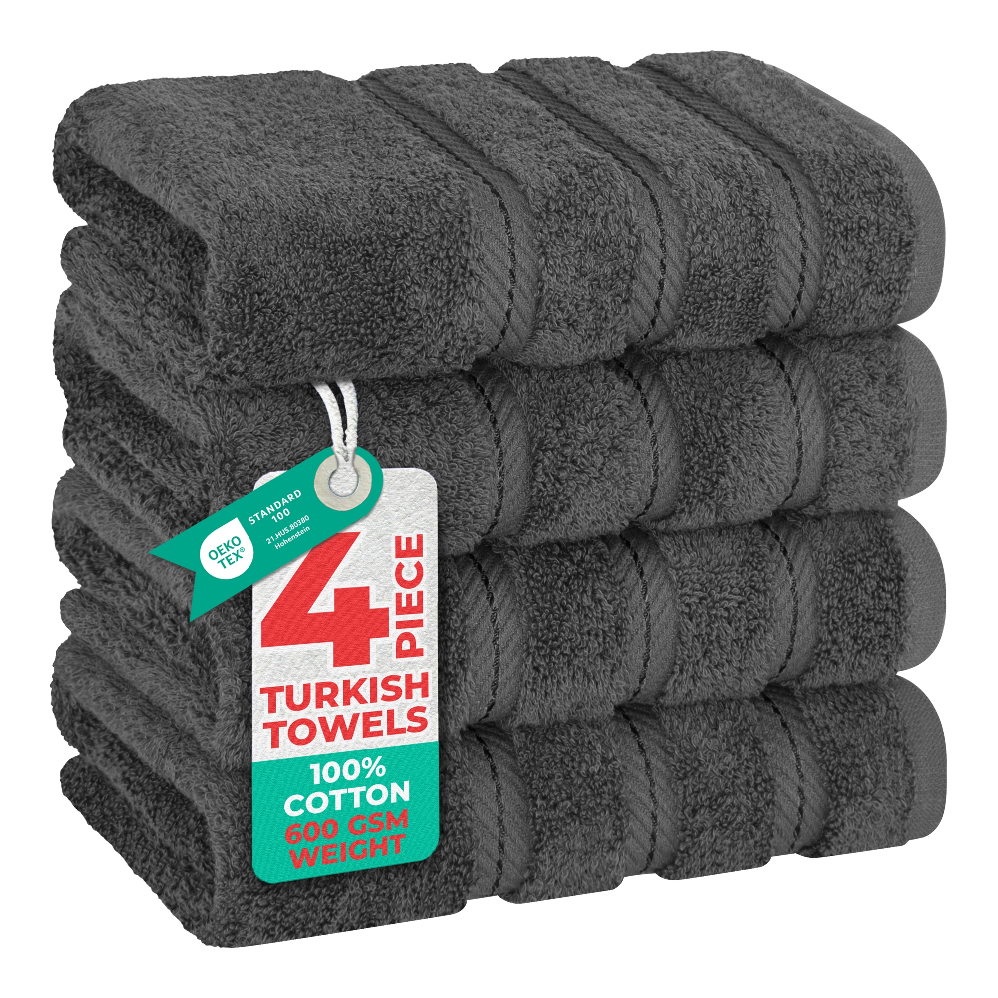 American Soft Linen 4 Pack Hand Towel Set, 100% Cotton, 16 inch by 28 inch, Hand Face Towels for Bathroom, Dark Gray