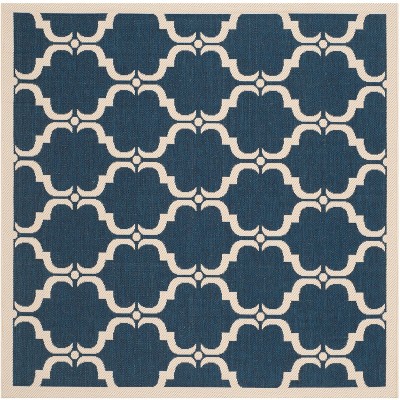 Navy and Beige 5'3" Square Synthetic Easy-Care Outdoor Rug