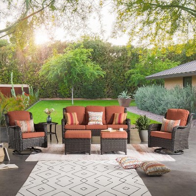XIZZI Wicker Patio Furniture Set with 3-Seat Sofa, Swivel Rocking Armchairs & Ottomans & Side Table, Modular Sectional Outdoor Conversation Sofa Set