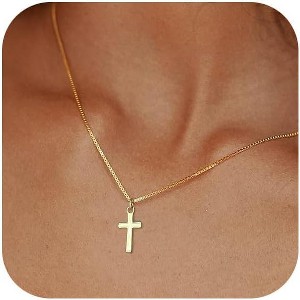 14K Gold Silver Cross Necklace Dainty Choker Non Tarnish Faith Jewelry - 1 of 4