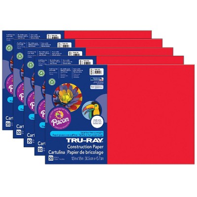 Tru-Ray® Construction Paper, Festive Red, 12" x 18", 50 Sheets Per Pack, 5 Packs