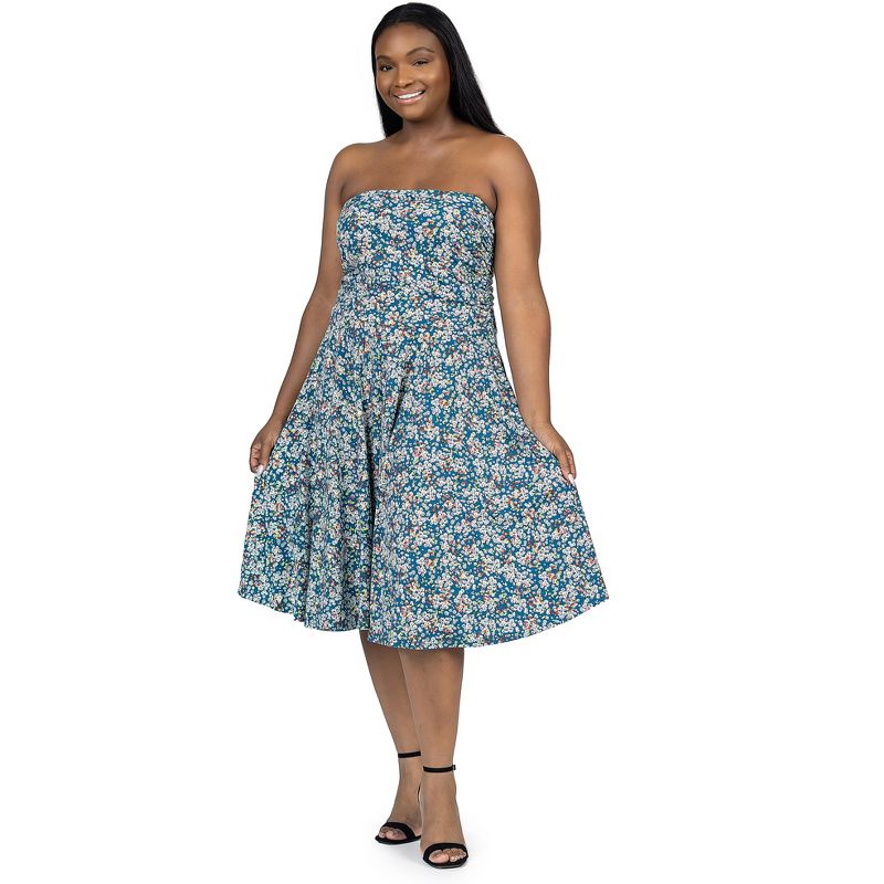 24seven Comfort Apparel Plus Size Teal Floral Strapless Tube Top Flowy Knee Length Dress, 2 of 7