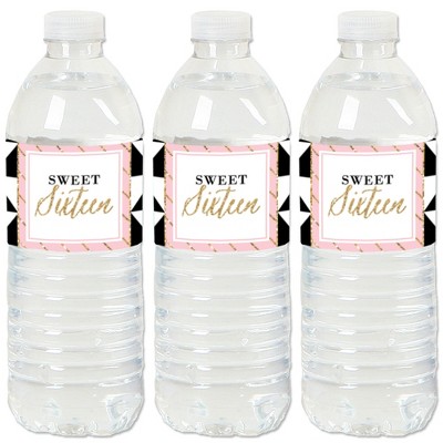 Big Dot of Happiness Chic 16th Birthday - Pink, Black and Gold - Birthday Party Water Bottle Sticker Labels - Set of 20