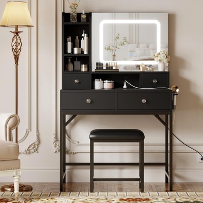 Vanity Desk, Makeup Desk and Stool with Lights, 2 Drawers & Storage Shelves, Sliding Mirror, Girls Vanity Table for Bedroom