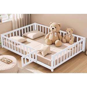 CAVINAS Kids Montessori Bed with Door and Fence,Wooden Floor Bed with Support Slats,Full Size Toddler Bed for Bedroom Playroom,White/Gray/Brown - 1 of 4