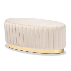 Kirana Velvet Upholstered Ottoman with Gold PU Leather Base - Baxton Studio: Glamorous, No Assembly Required - 1 of 4