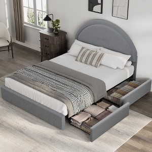 Bed Frame with 2 Drawers, Kids Boucle Upholstered Platform Bed, Chic Round Headboard, No Box Spring Needed - 1 of 4