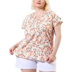 Agnes Orinda Women's Plus Size Floral Ruffle Trim V Neck Button Layered Sleeve Blouses - 1 of 4