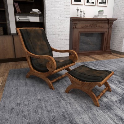 Traditional Dark Brown Leather Accent Chair and Ottoman Set