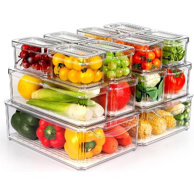 14-Pack BPA-Free Stackable Refrigerator Organizer Bins with Lids, Clear