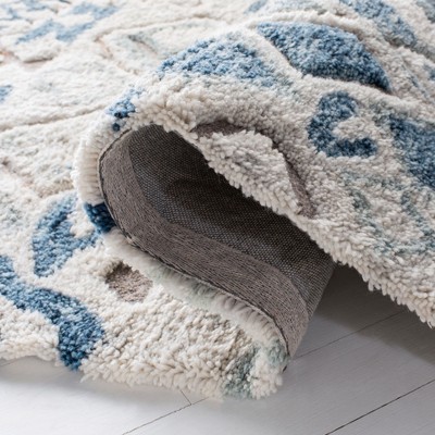 Beige and Navy Hand-Tufted Wool Moroccan Shag Runner Rug