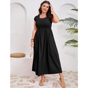 Coolmee Women Plus Size Casual Smocked Round Neck Short Sleeve Midi A-Line Flutter Dress With Pocket - 1 of 4
