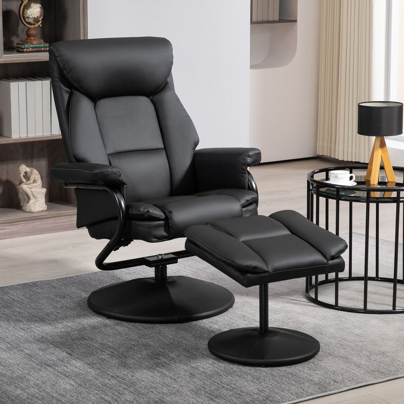 HOMCOM Recliner Chair with Ottoman Footrest, Swivel Reclining Chair, Faux Leather Living Room Chair with Adjustable Backrest and Wrapped Base, Black, 2 of 7