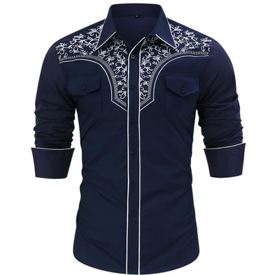 Men's Western Cowboy Shirt Long Sleeve Embroidered Shirt Slim Fit Cotton Casual Button Down Shirt