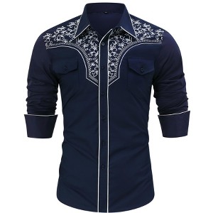 Men's Western Cowboy Shirt Long Sleeve Embroidered Shirt Slim Fit Cotton Casual Button Down Shirt - 1 of 4