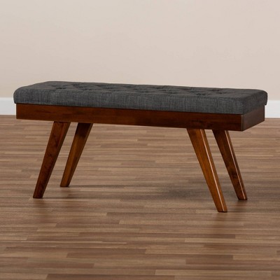 Alona Mid-Century Grey Fabric and Walnut Wood Dining Bench