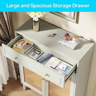 Mint Green Wooden Shoe Cabinet with Rattan Doors and Drawer