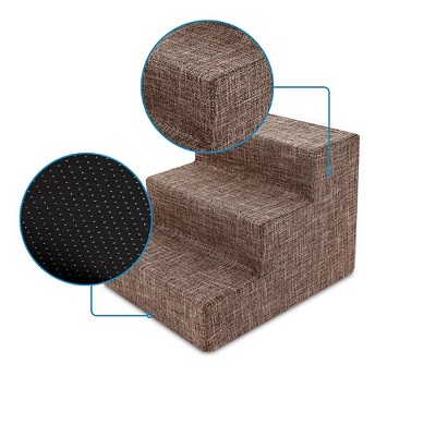 Brown Linen 3-Step Foam Pet Stairs for Small Dogs and Cats
