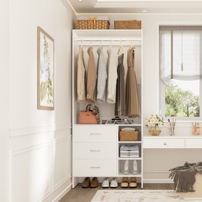 Aheaplus 30'' Freestanding Closet Organizer with Hanging Rods and Drawers, Closet System with Storage Shelves