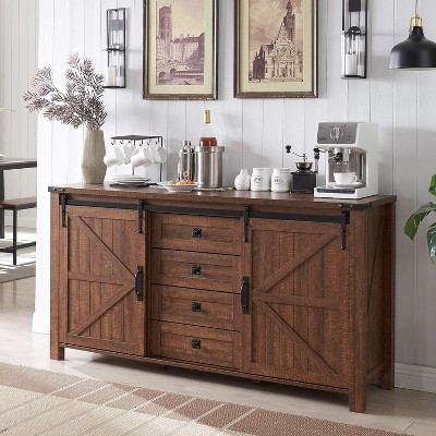 SinCiDo Farmhouse 60"Dressing Table with Sliding Barn Door and 4 Drawers,Drawer Cabinet Living Room,Bedroom,Coffee Bar